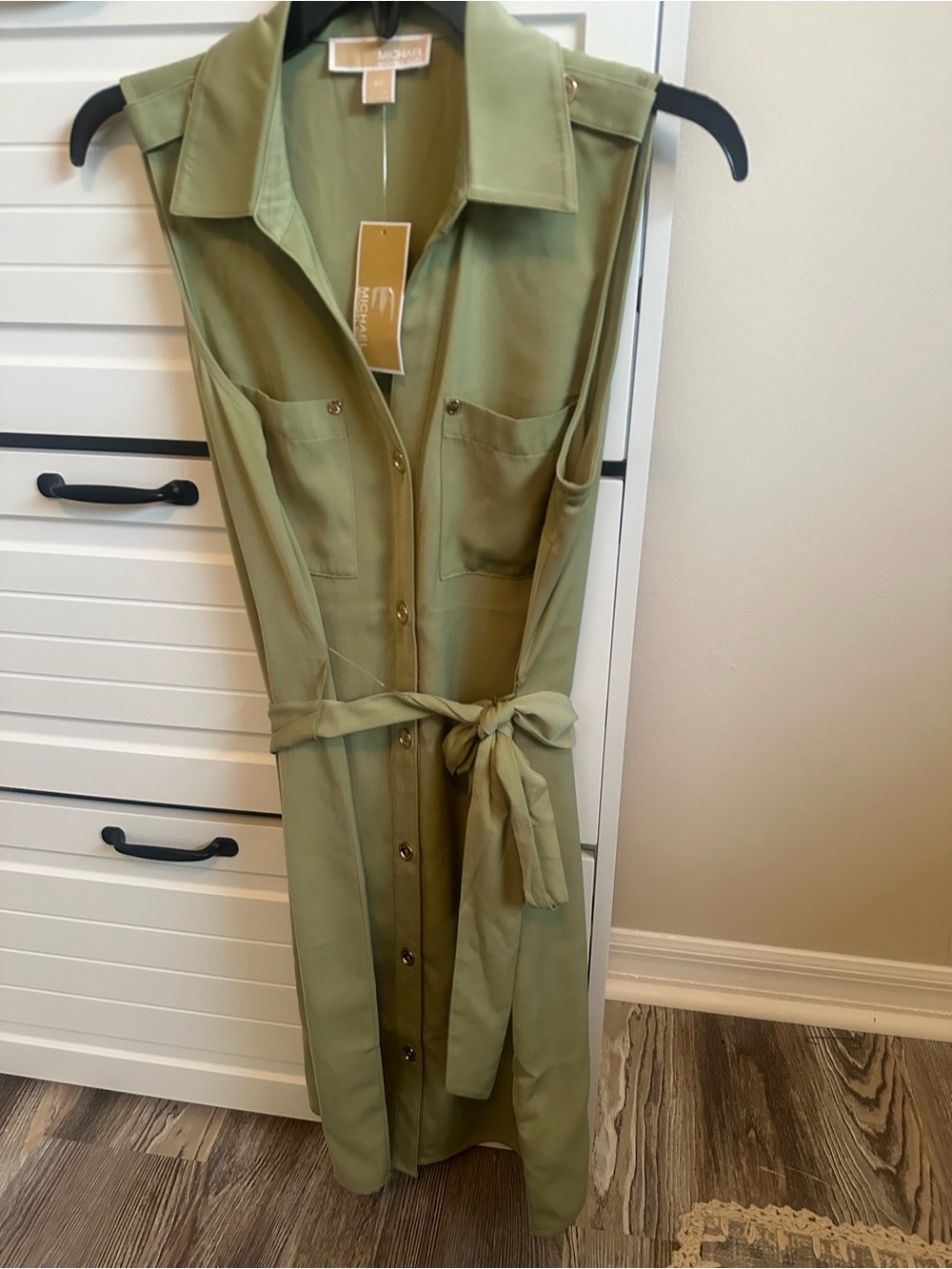 MICHAEL Michael Kors Olive Green Sleeveless Shirt Dress with Tie Waist